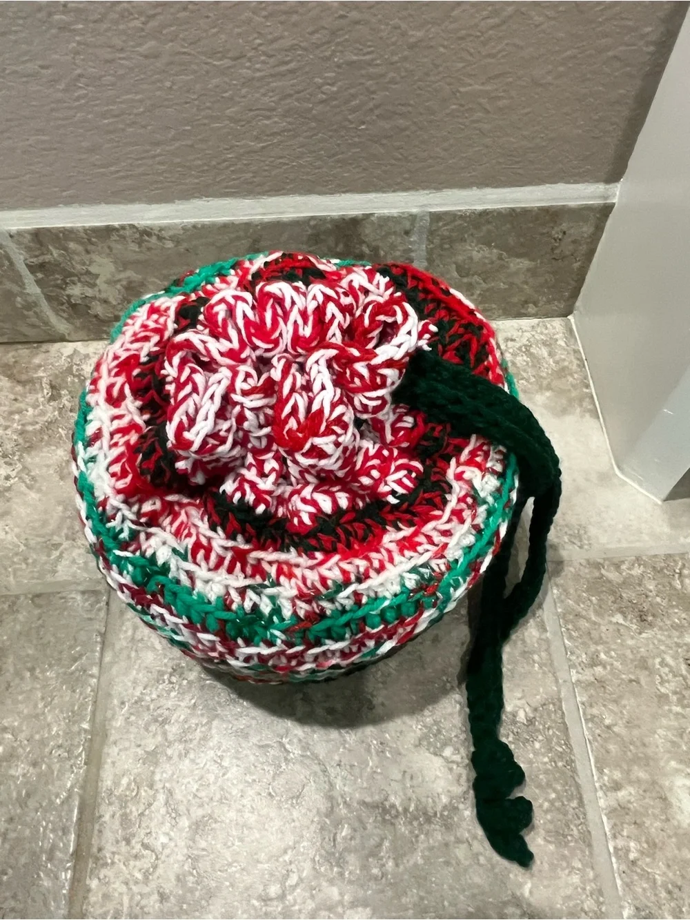 Handmade Red, Green & White Crochet Drawstring Bucket Bag